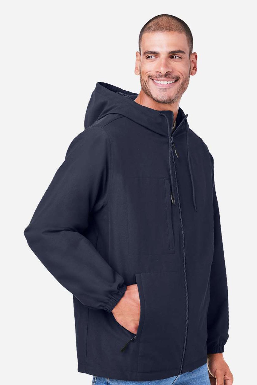 Harriton M73 Mens Flex Twill Full Zip Hooded Jacket Dark Navy Blue Model Side