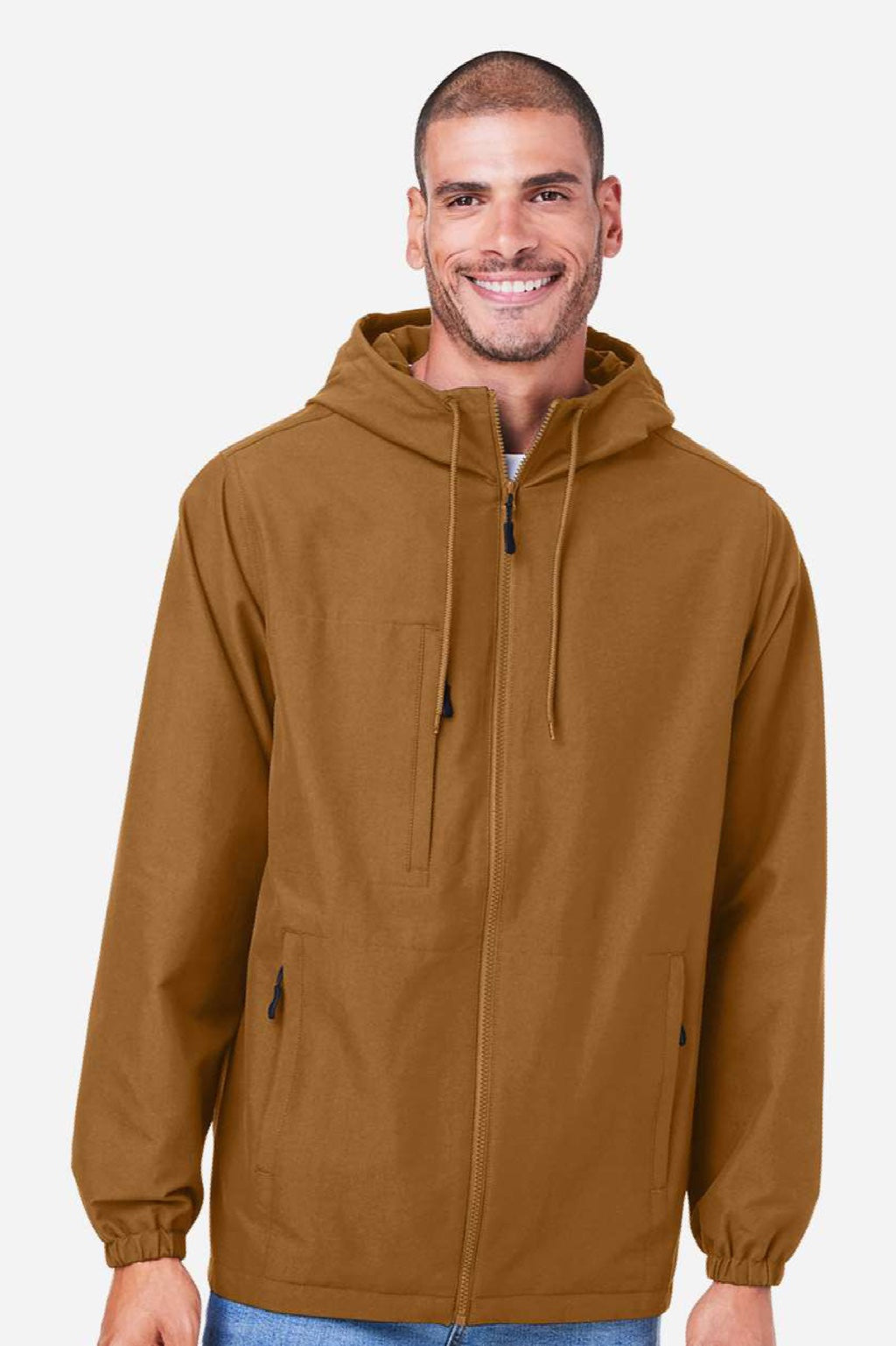 Harriton M73 Mens Flex Twill Full Zip Hooded Jacket Duck Brown Model Front
