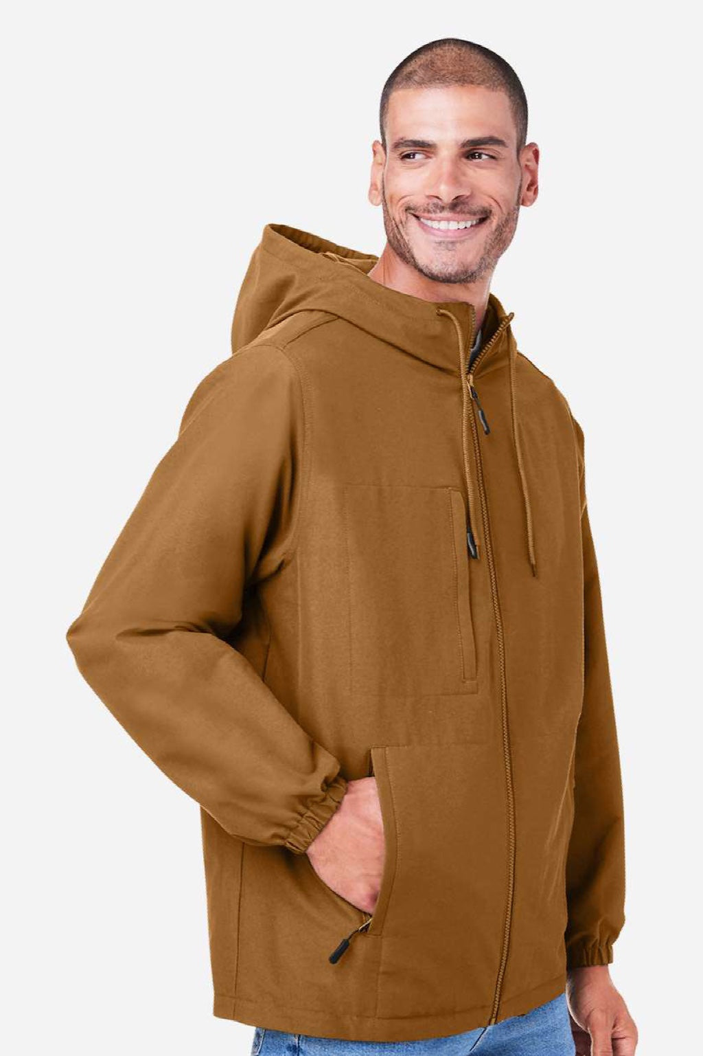 Harriton M73 Mens Flex Twill Full Zip Hooded Jacket Duck Brown Model Side