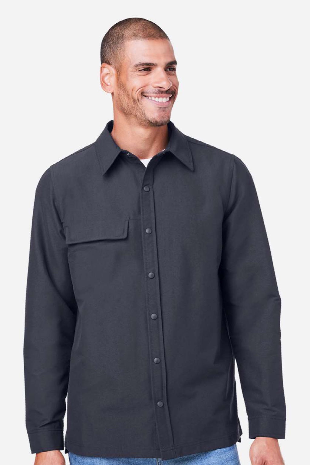 Harriton M72 Mens Flex Twill Long Sleeve Button Down Shirt w/ Pocket Dark Charcoal Grey Model Front