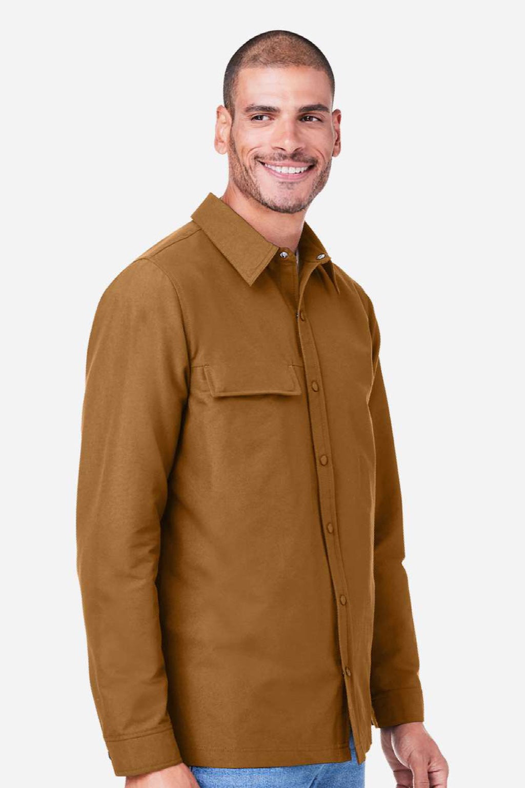 Harriton M72 Mens Flex Twill Long Sleeve Button Down Shirt w/ Pocket Duck Brown Model Side