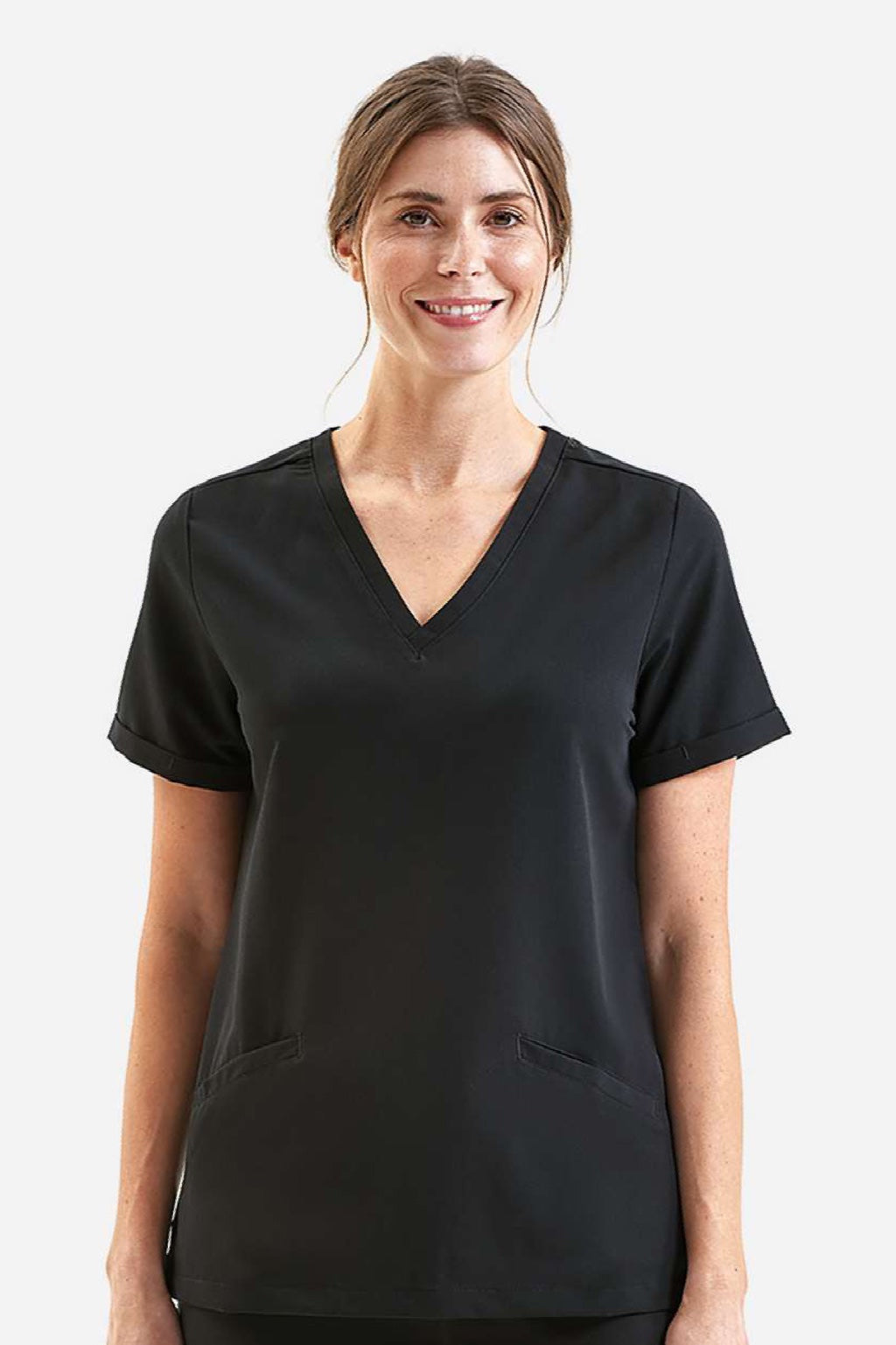 Onna NN310 Womens Invincible Stretch V-Neck Scrub Top w/ Pockets Black Model Front