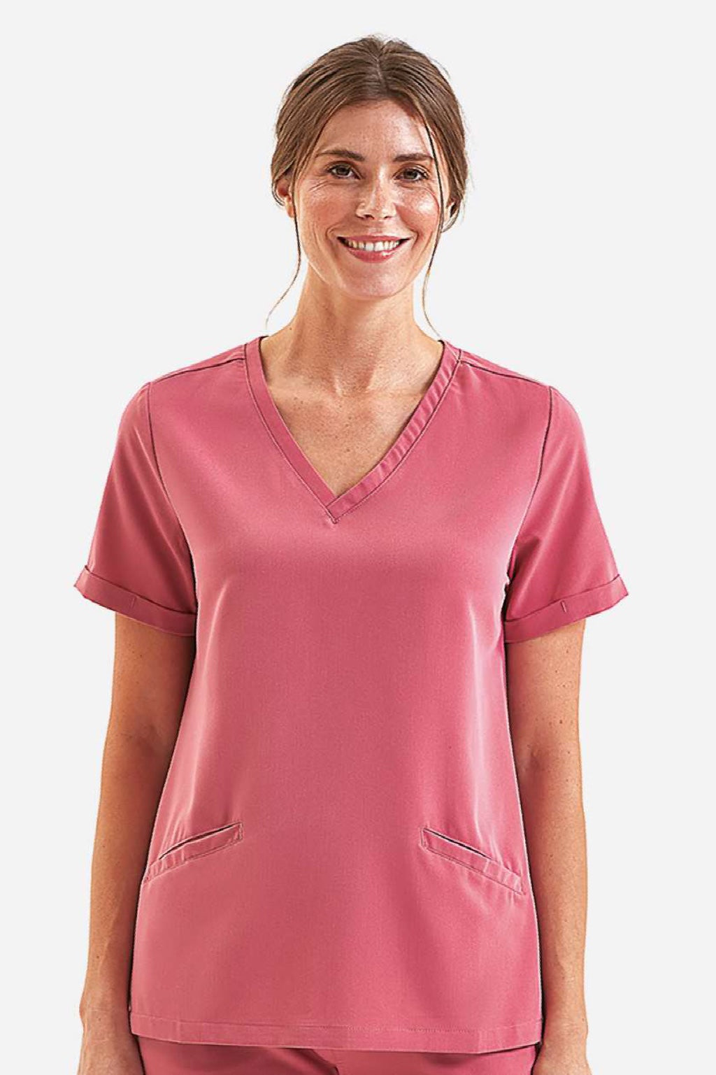 Onna NN310 Unisex Invincible Stretch V-Neck Scrub Top w/ Pockets Calm Pink Model Front