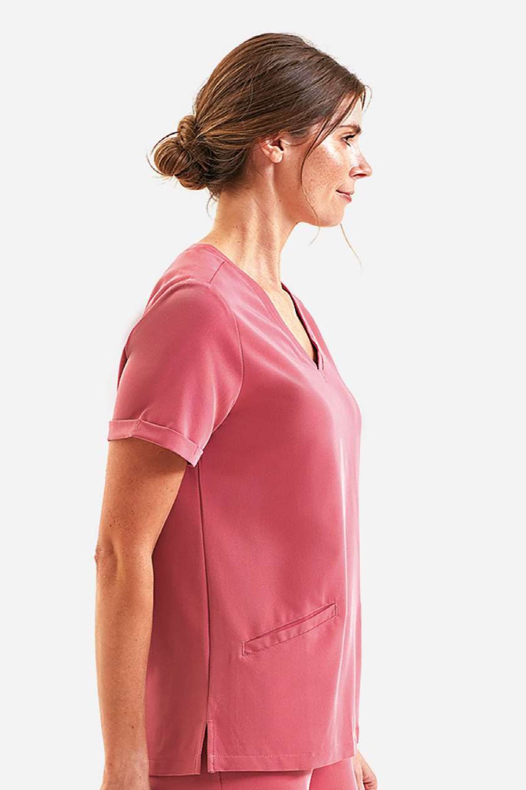 Onna NN310 Unisex Invincible Stretch V-Neck Scrub Top w/ Pockets Calm Pink Model Side