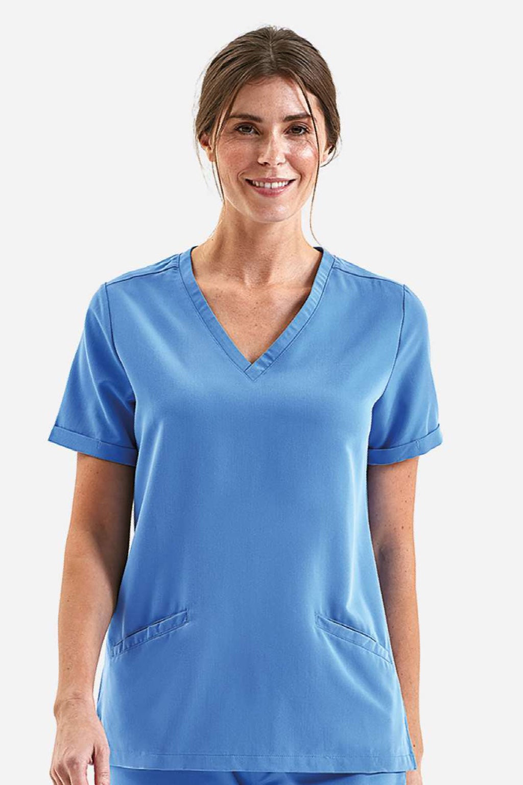 Onna NN310 Unisex Invincible Stretch V-Neck Scrub Top w/ Pockets Ceil Blue Model Front