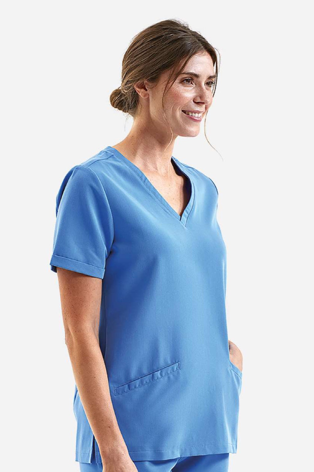 Onna NN310 Unisex Invincible Stretch V-Neck Scrub Top w/ Pockets Ceil Blue Model Side