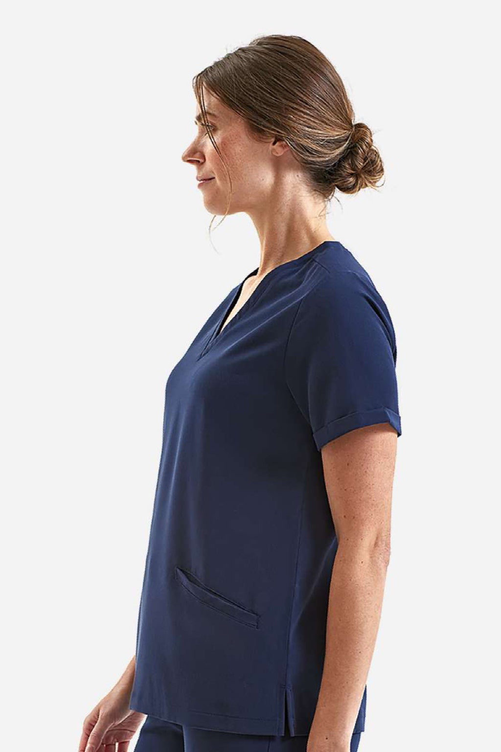 Onna NN310 Unisex Invincible Stretch V-Neck Scrub Top w/ Pockets Navy Blue Model Side