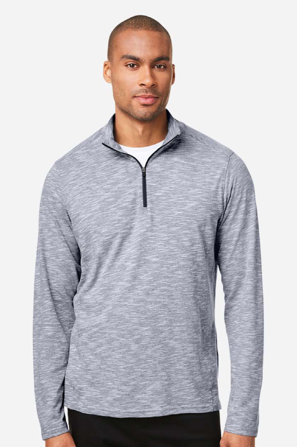 North End NE415 Mens Eclipse Jacquard 1/4 Zip Sweatshirt Heather Classic Navy Blue Model Front