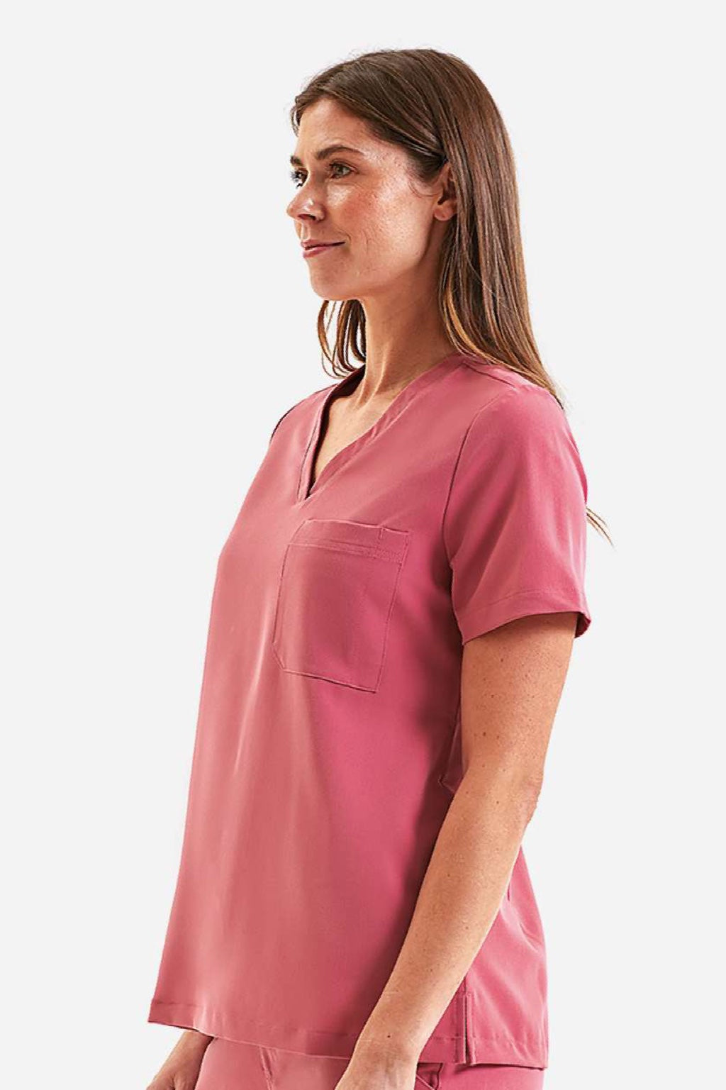 Onna NN300 Unisex Limitless Stretch V-Neck Scrub Top w/ Pocket Calm Pink Model Side
