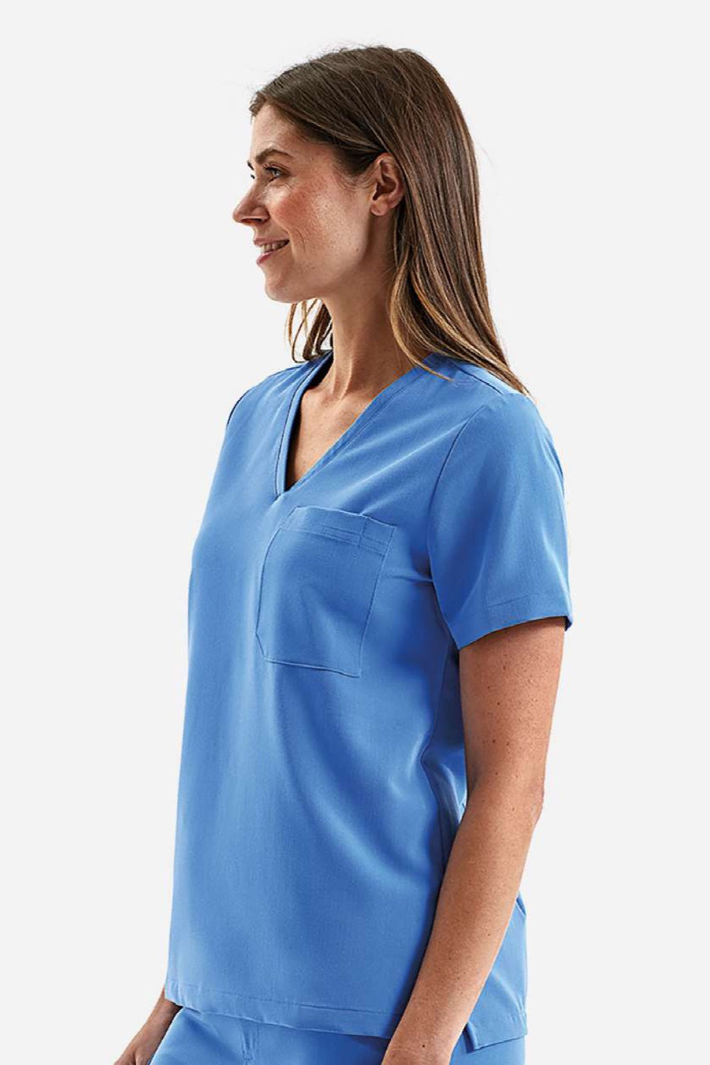 Onna NN300 Unisex Limitless Stretch V-Neck Scrub Top w/ Pocket Ceil Blue Model Side
