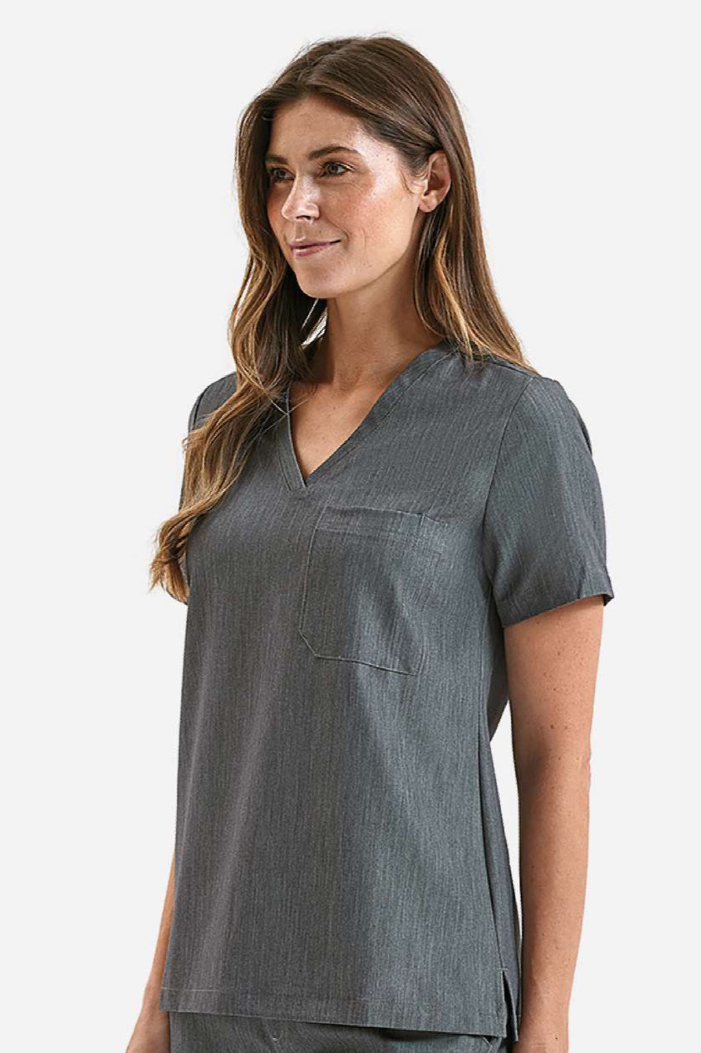 Onna NN300 Unisex Limitless Stretch V-Neck Scrub Top w/ Pocket Dynamo Grey Model Side