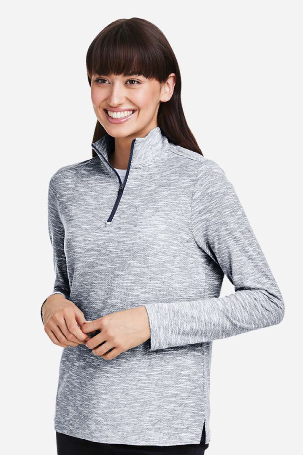 North End NE415W Womens Eclipse Jacquard 1/4 Zip Sweatshirt Heather Black Model Side