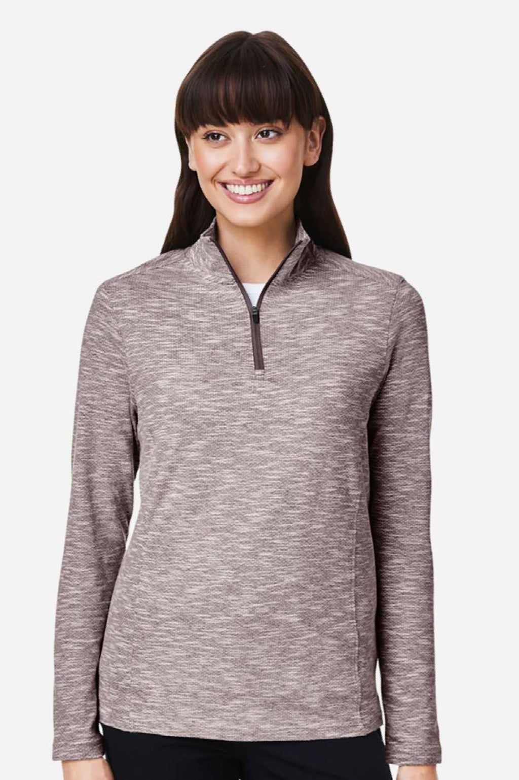 North End NE415W Womens Eclipse Jacquard 1/4 Zip Sweatshirt Heather Burgundy Model Front