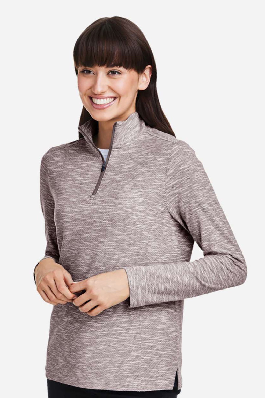 North End NE415W Womens Eclipse Jacquard 1/4 Zip Sweatshirt Heather Burgundy Model Side