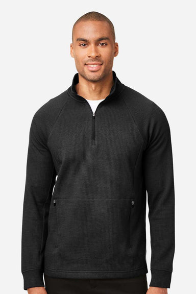 North End NE200 Mens Rhythm Waffle Moisture Wicking 1/4 Zip Sweatshirt w/ Pouch Pocket Black Model Front