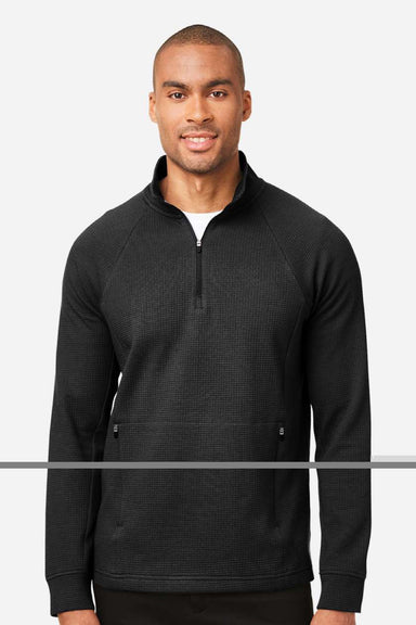 North End NE200 Mens Rhythm Waffle 1/4 Zip Sweatshirt w/ Pouch Pocket Black Model Front