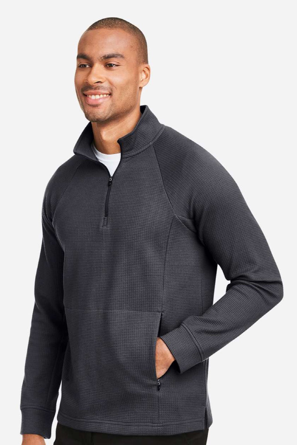 North End NE200 Mens Rhythm Waffle 1/4 Zip Sweatshirt w/ Pouch Pocket Carbon Grey Model Side