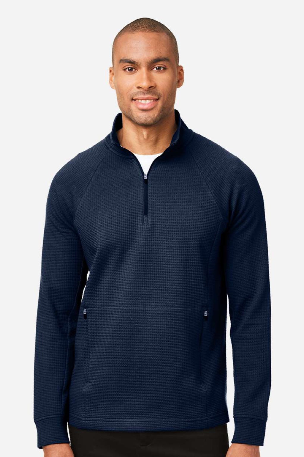 North End NE200 Mens Rhythm Waffle 1/4 Zip Sweatshirt w/ Pouch Pocket Classic Navy Blue Model Front
