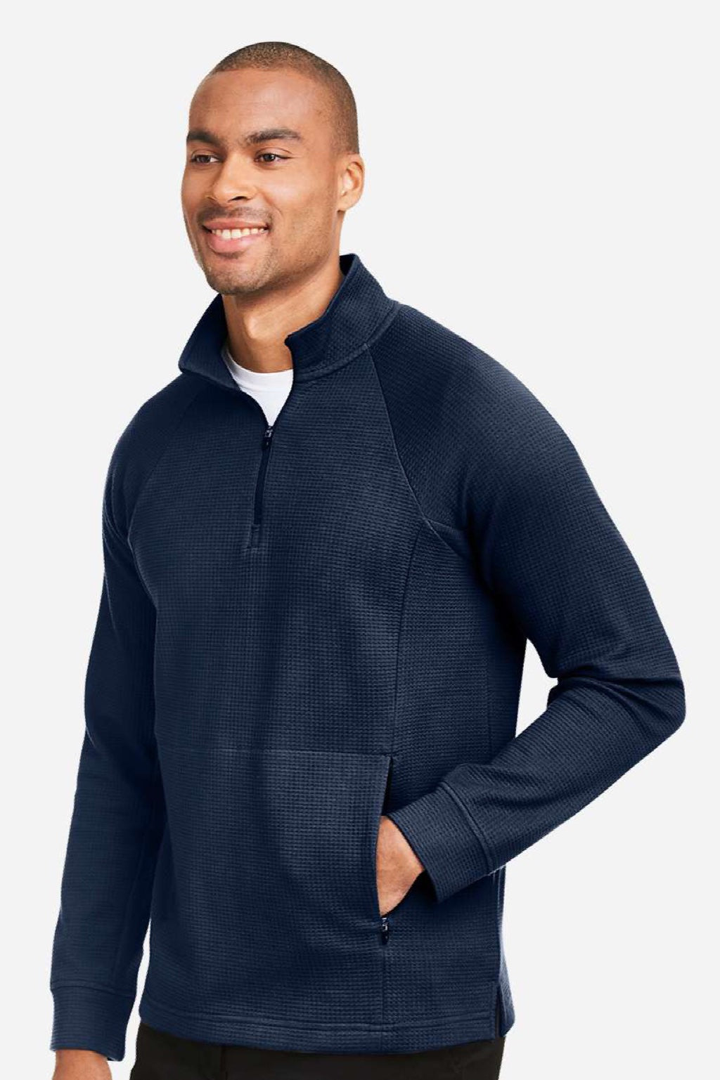 North End NE200 Mens Rhythm Waffle 1/4 Zip Sweatshirt w/ Pouch Pocket Classic Navy Blue Model Side