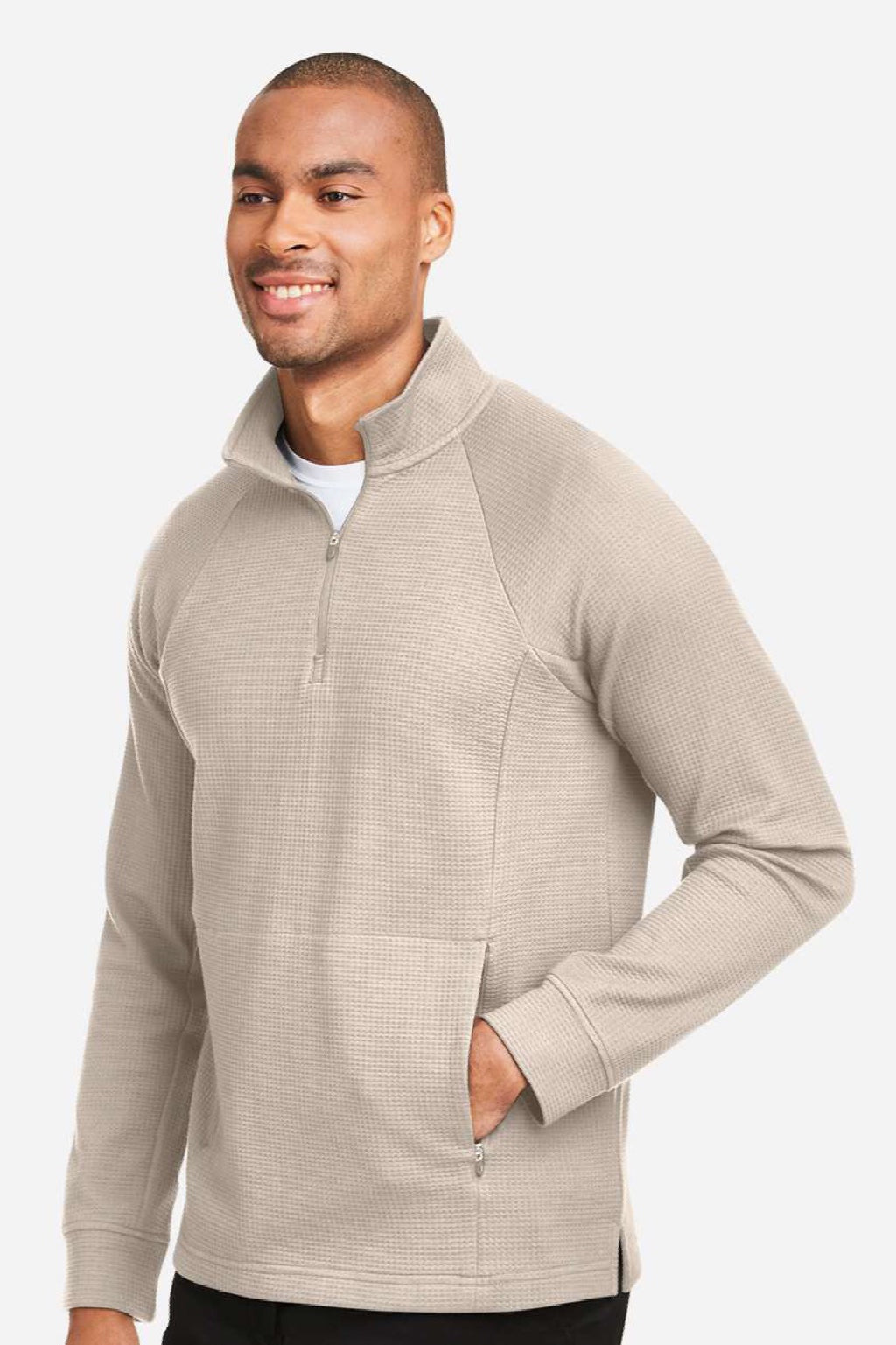 North End NE200 Mens Rhythm Waffle 1/4 Zip Sweatshirt w/ Pouch Pocket Oatmeal Model Side