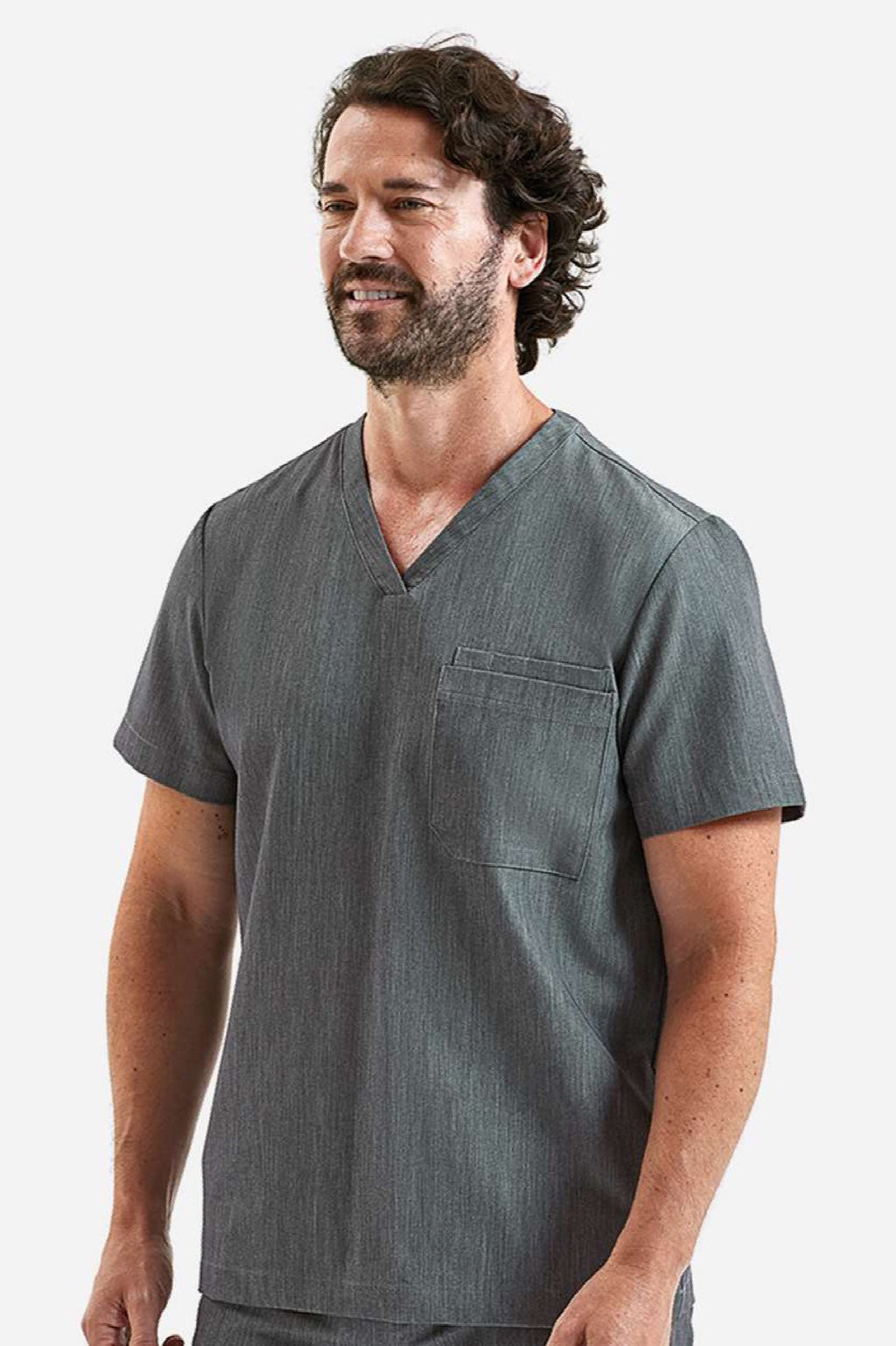 Onna NN200 Unisex Limitless Stretch V-Neck Scrub Top w/ Pocket Dynamo Grey Model Side