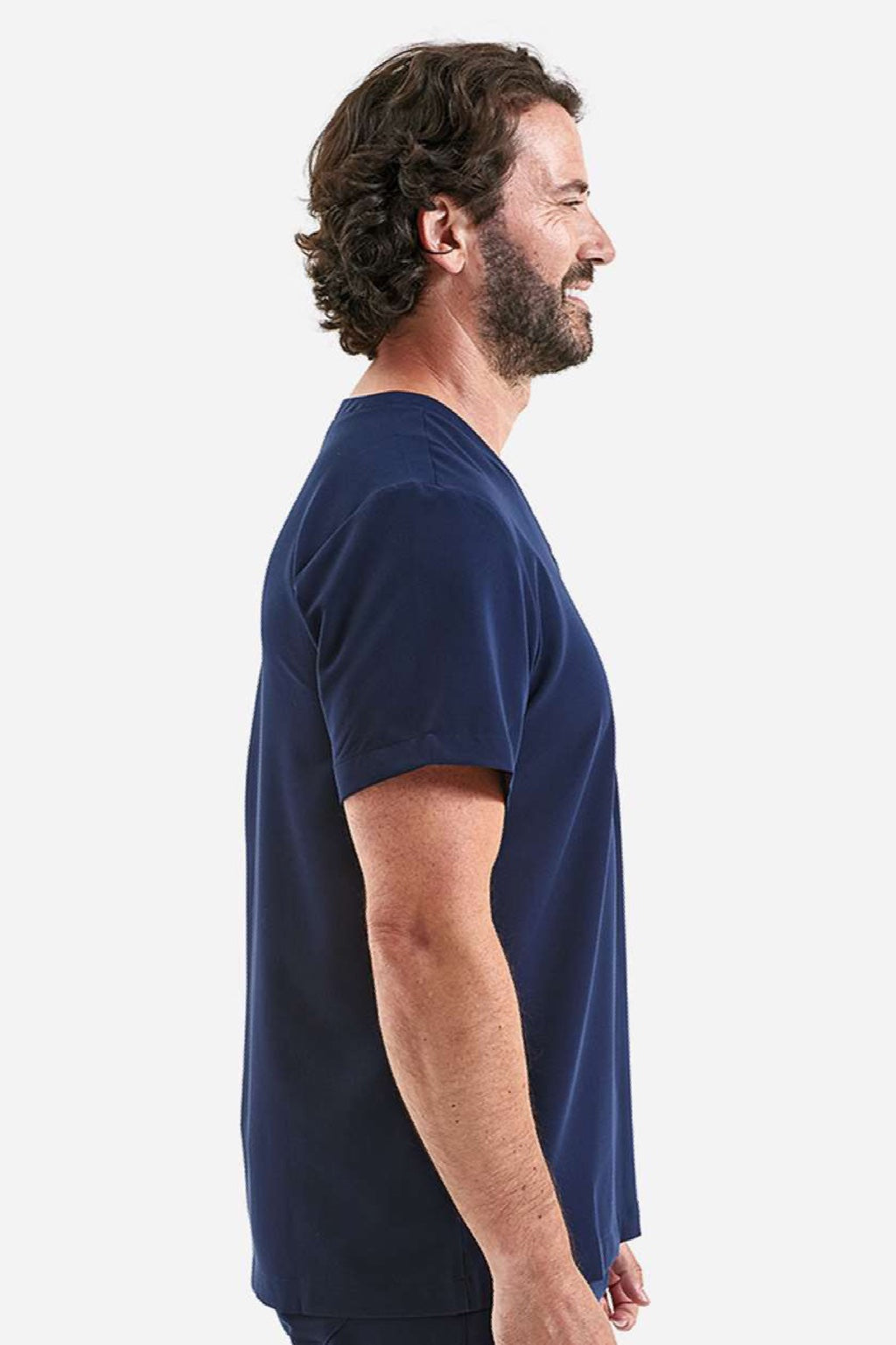 Onna NN200 Unisex Limitless Stretch V-Neck Scrub Top w/ Pocket Navy Blue Model Side