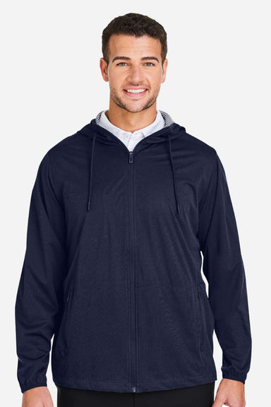 North End NE75 Mens Network Lightweight Full Zip Hooded Jacket Heather Classic Navy Blue Model Front