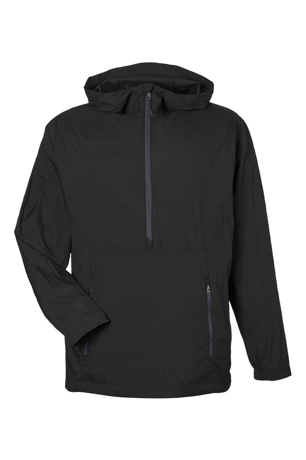 North End NE810 Mens Aura Lightweight 1/4 Zip Packable Hooded Anorak Jacket Black/Carbon Grey Flat Front