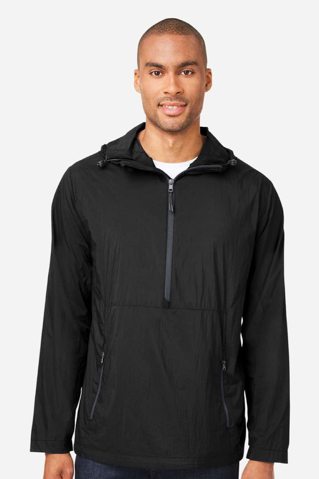 North End NE810 Mens Aura Lightweight 1/4 Zip Packable Hooded Anorak Jacket Black/Carbon Grey Model Front