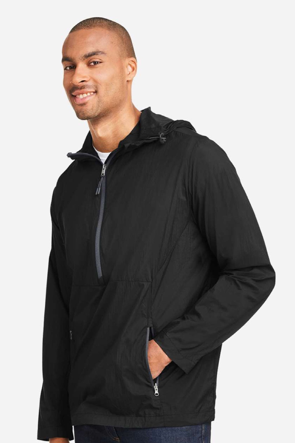 North End NE810 Mens Aura Lightweight 1/4 Zip Packable Hooded Anorak Jacket Black/Carbon Grey Model Side