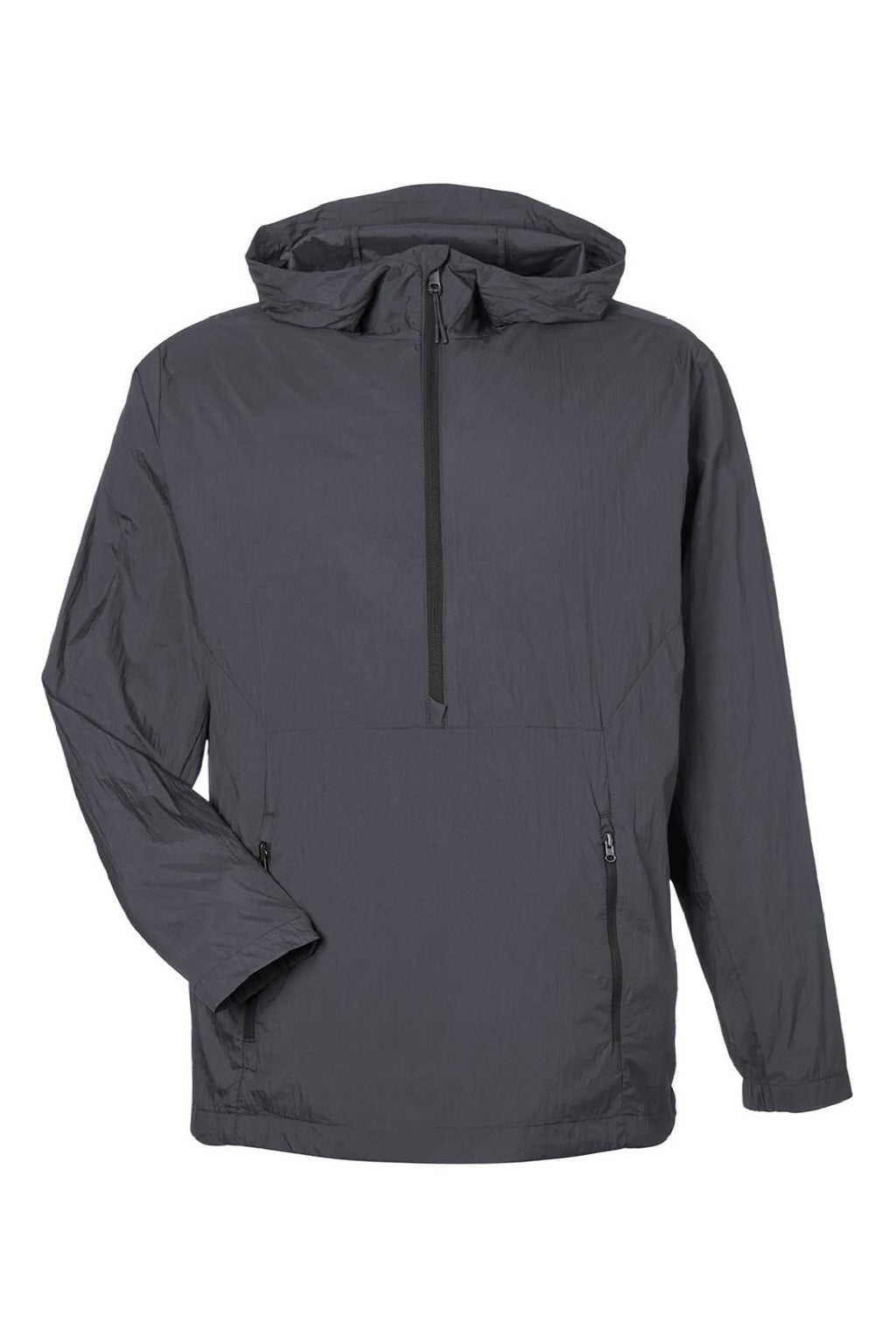 North End NE810 Mens Aura Lightweight 1/4 Zip Packable Hooded Anorak Jacket Carbon Grey/Black Flat Front