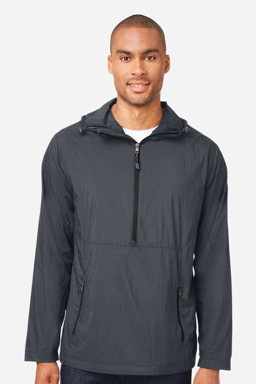 North End NE810 Mens Aura Lightweight 1/4 Zip Packable Hooded Anorak Jacket Carbon Grey/Black Model Front