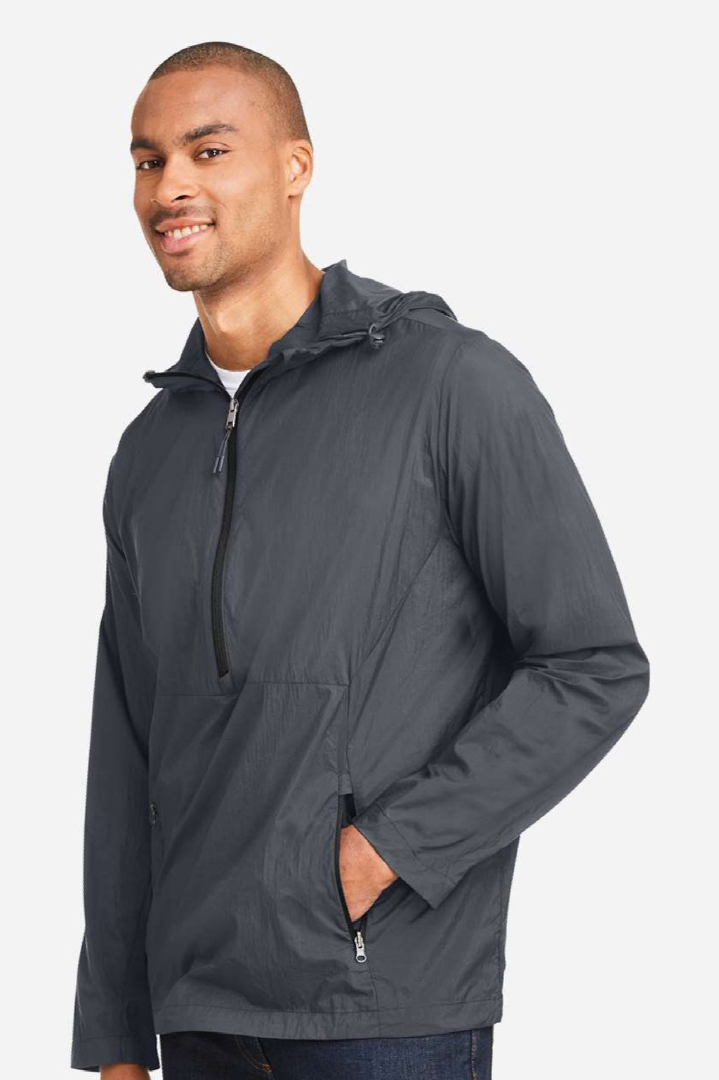 North End NE810 Mens Aura Lightweight 1/4 Zip Packable Hooded Anorak Jacket Carbon Grey/Black Model Side