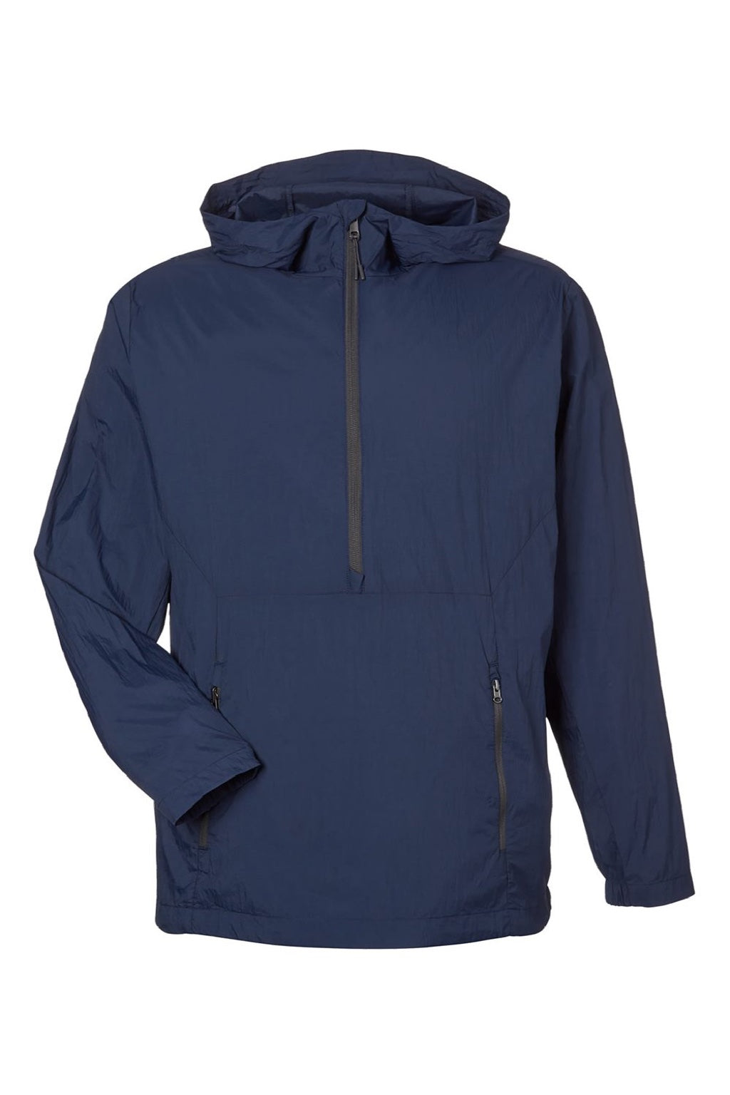 North End NE810 Mens Aura Lightweight 1/4 Zip Packable Hooded Anorak Jacket Classic Navy Blue/Carbon Grey Flat Front