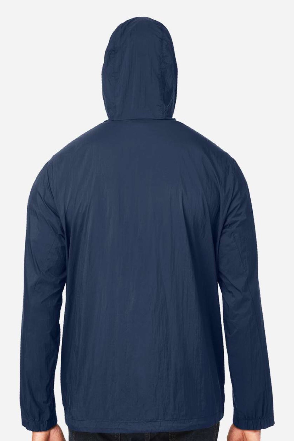 North End NE810 Mens Aura Lightweight 1/4 Zip Packable Hooded Anorak Jacket Classic Navy Blue/Carbon Grey Model Back