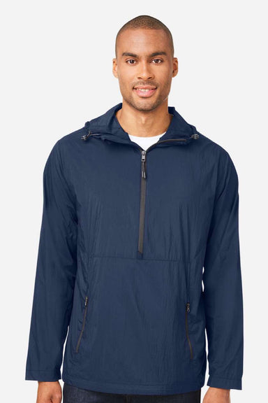 North End NE810 Mens Aura Lightweight 1/4 Zip Packable Hooded Anorak Jacket Classic Navy Blue/Carbon Grey Model Front