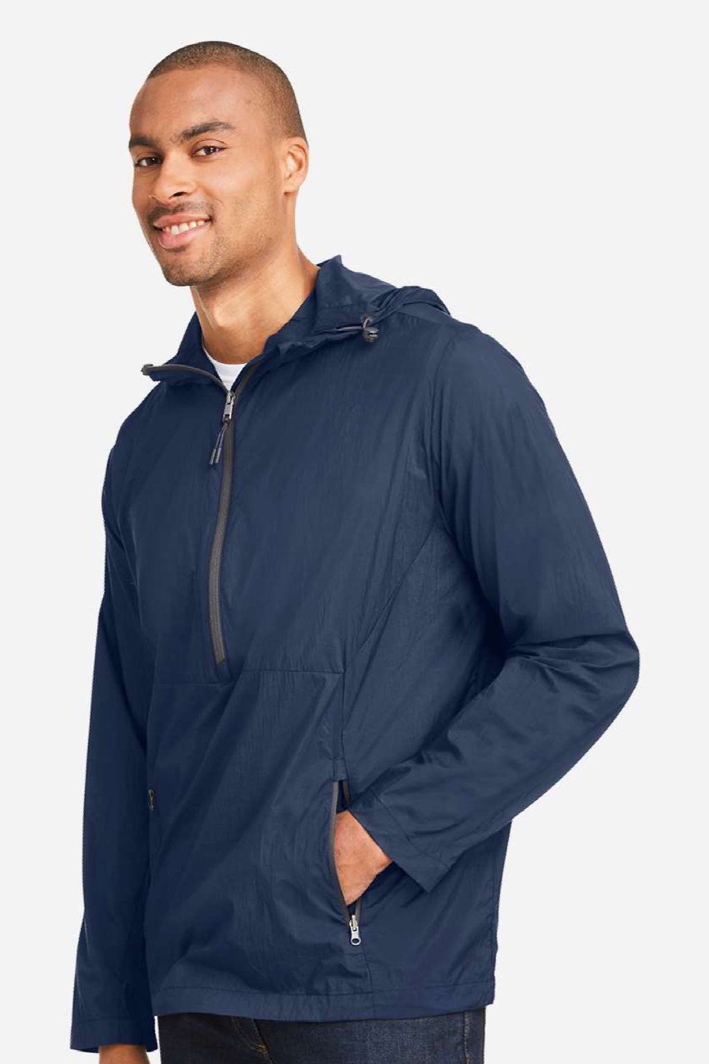North End NE810 Mens Aura Lightweight 1/4 Zip Packable Hooded Anorak Jacket Classic Navy Blue/Carbon Grey Model Side