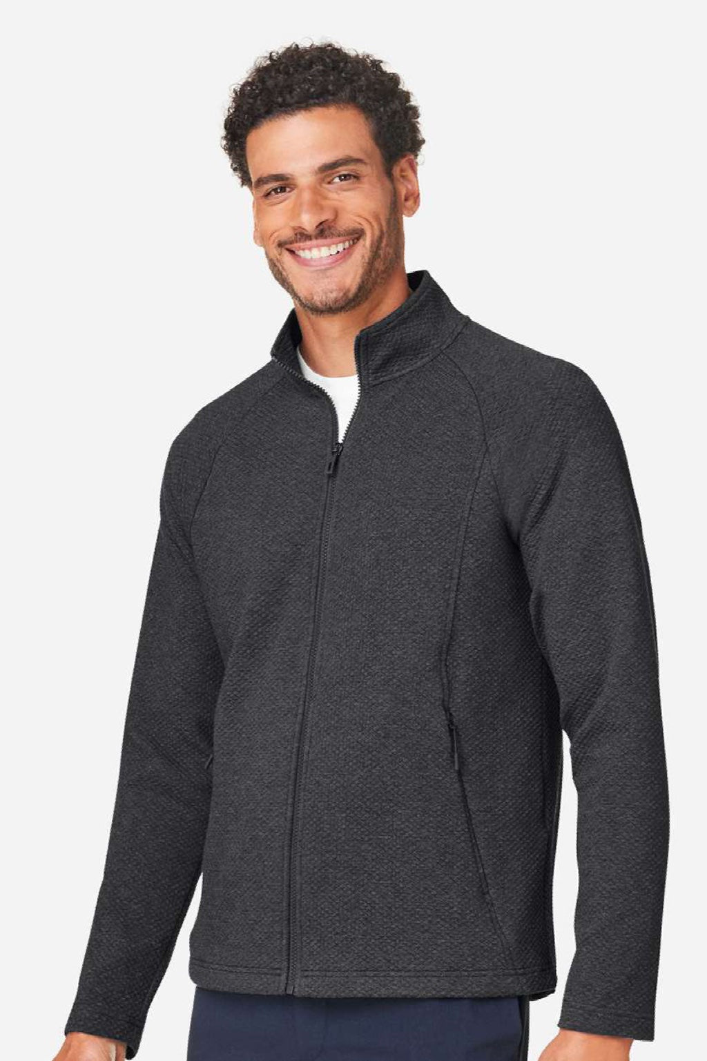 North End NE727 Mens Spirit Textured Full Zip Sweatshirt w/ Pockets Heather Black Model Side
