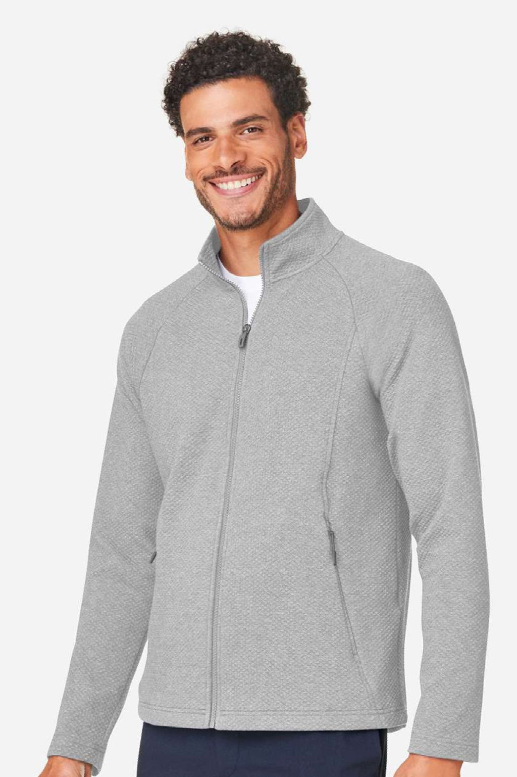 North End NE727 Mens Spirit Textured Full Zip Sweatshirt w/ Pockets Heather Platinum Grey Model Side