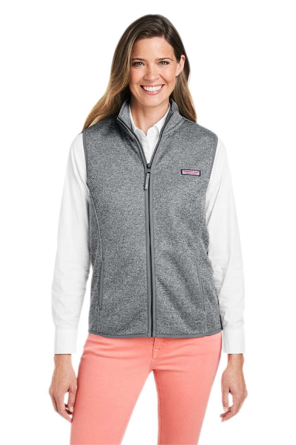Vineyard Vines O001411 Womens Mountain Sweater Fleece Full Zip Vest Heather Grey Model Front