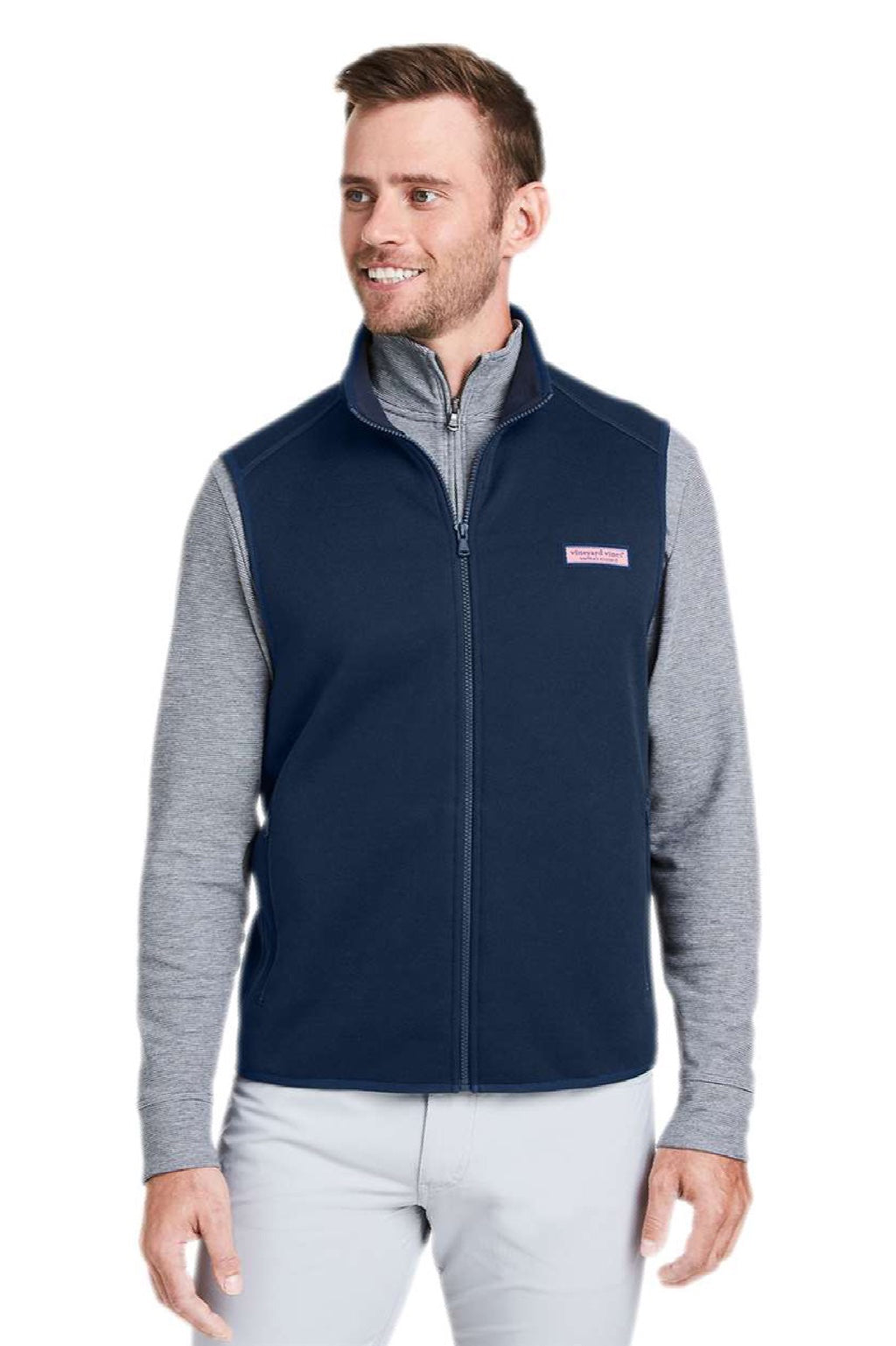 Vineyard Vines K002713 Mens Mountain Sweater Fleece Full Zip Vest Vineyard Navy Blue Model Front