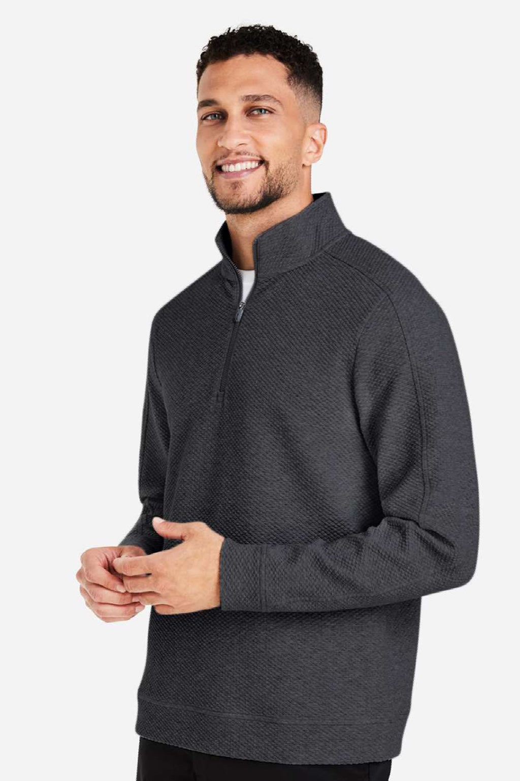 North End NE725 Mens Spirit Textured 1/4 Zip Sweatshirt Heather Black Model Side