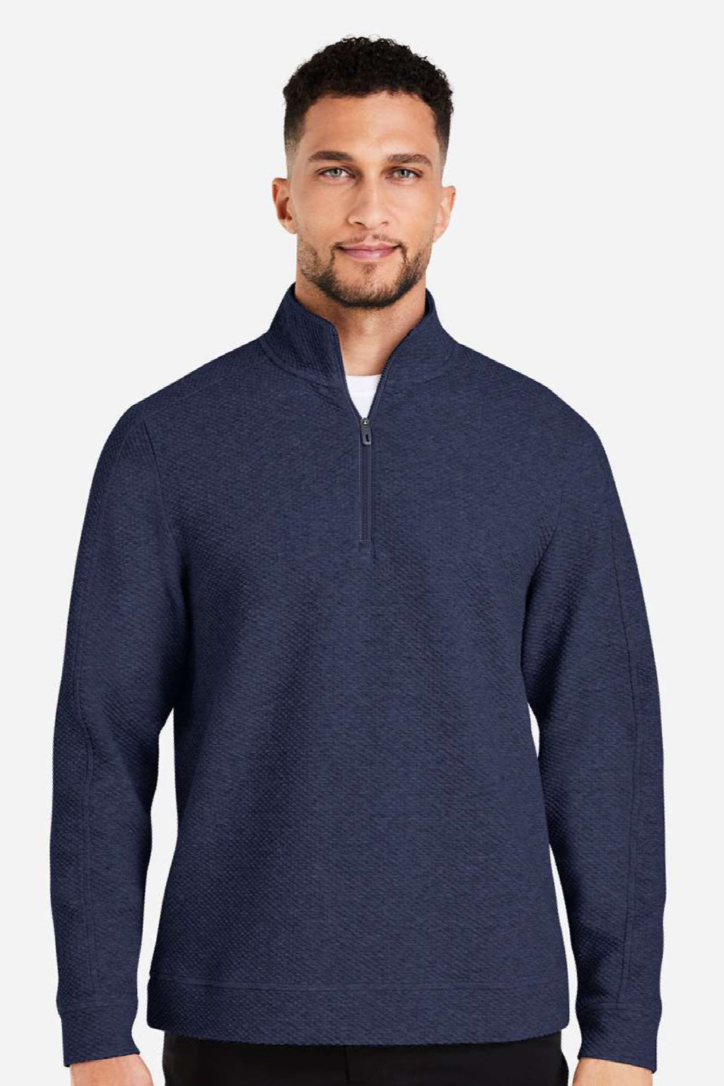 North End NE725 Mens Spirit Textured 1/4 Zip Sweatshirt Heather Classic Navy Blue Model Front