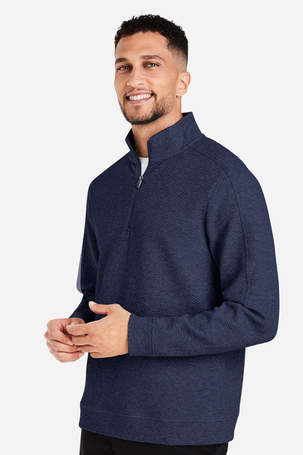 North End NE725 Mens Spirit Textured 1/4 Zip Sweatshirt Heather Classic Navy Blue Model Side