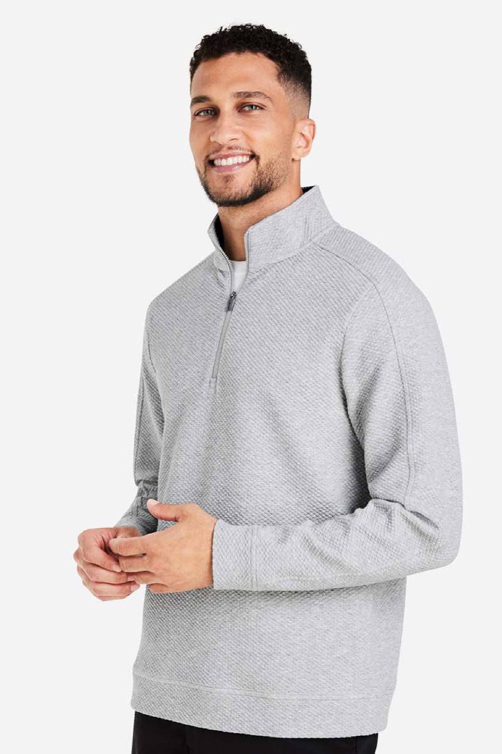 North End NE725 Mens Spirit Textured 1/4 Zip Sweatshirt Heather Platinum Grey Model Side