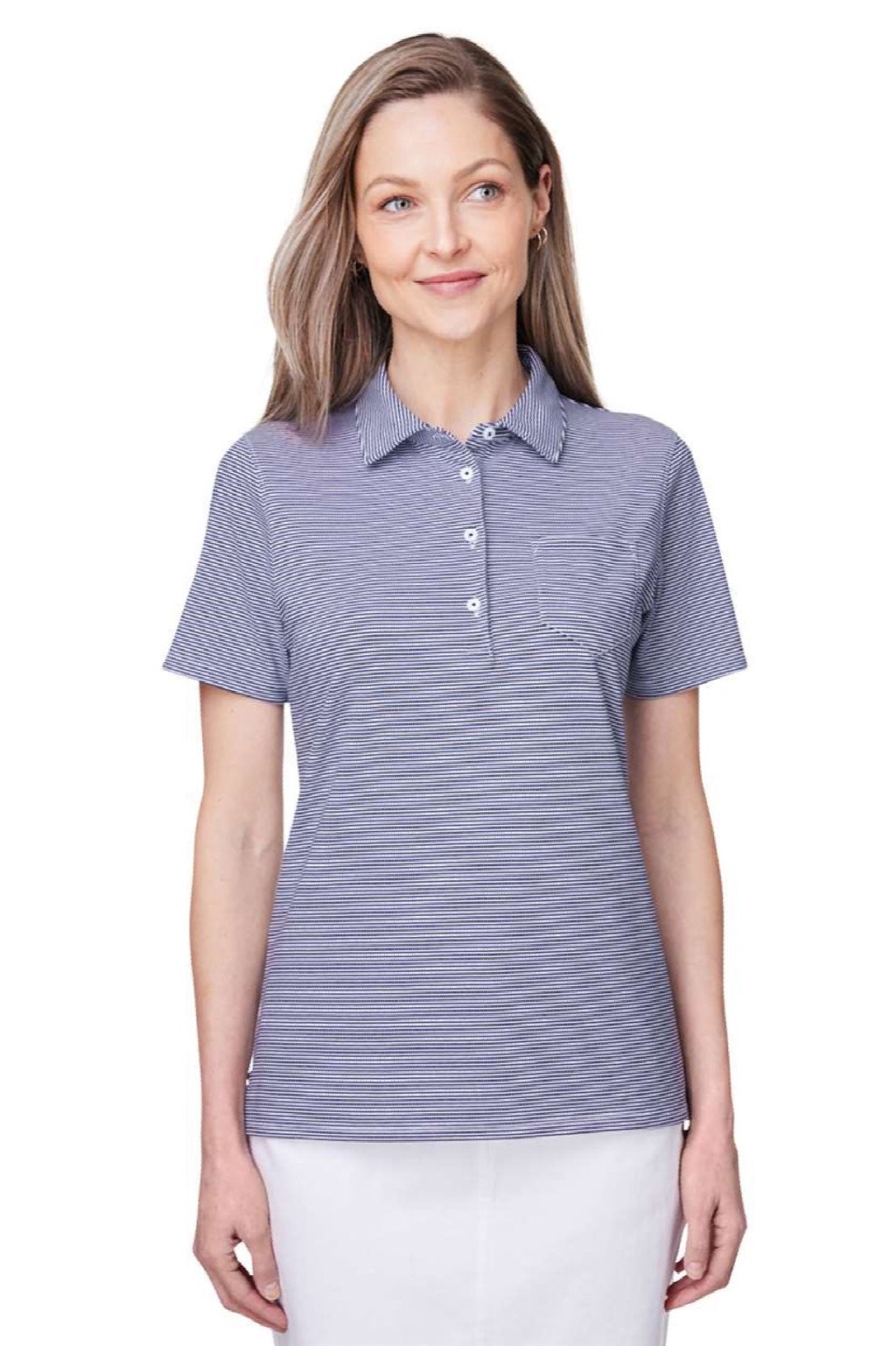 Vineyard Vines G001320 Womens Fanshell Short Sleeve Polo Shirt Deep Bay Blue/White Cap Model Front