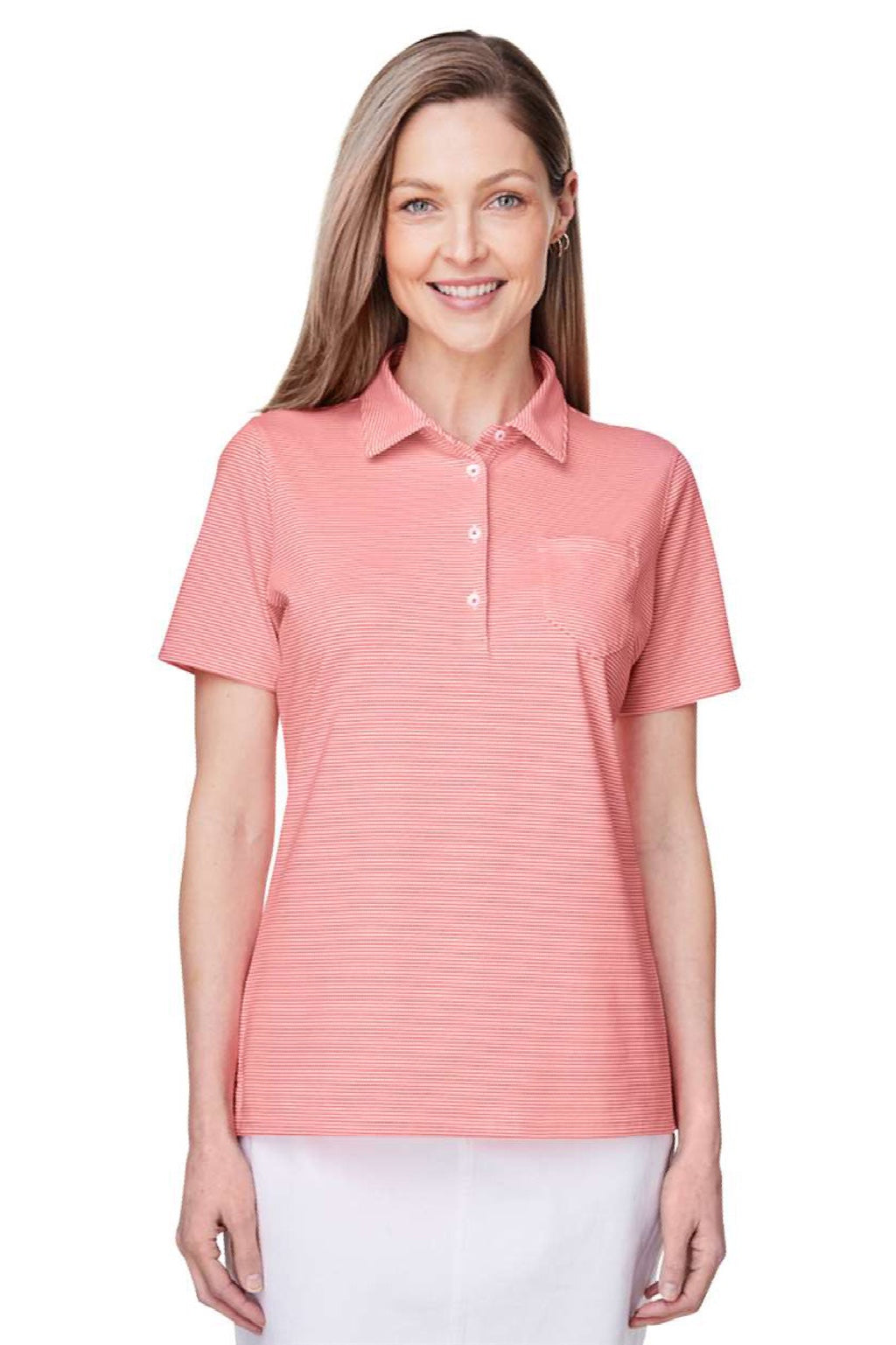 Vineyard Vines G001320 Womens Fanshell Short Sleeve Polo Shirt White Cap/Fiery Coral Model Front