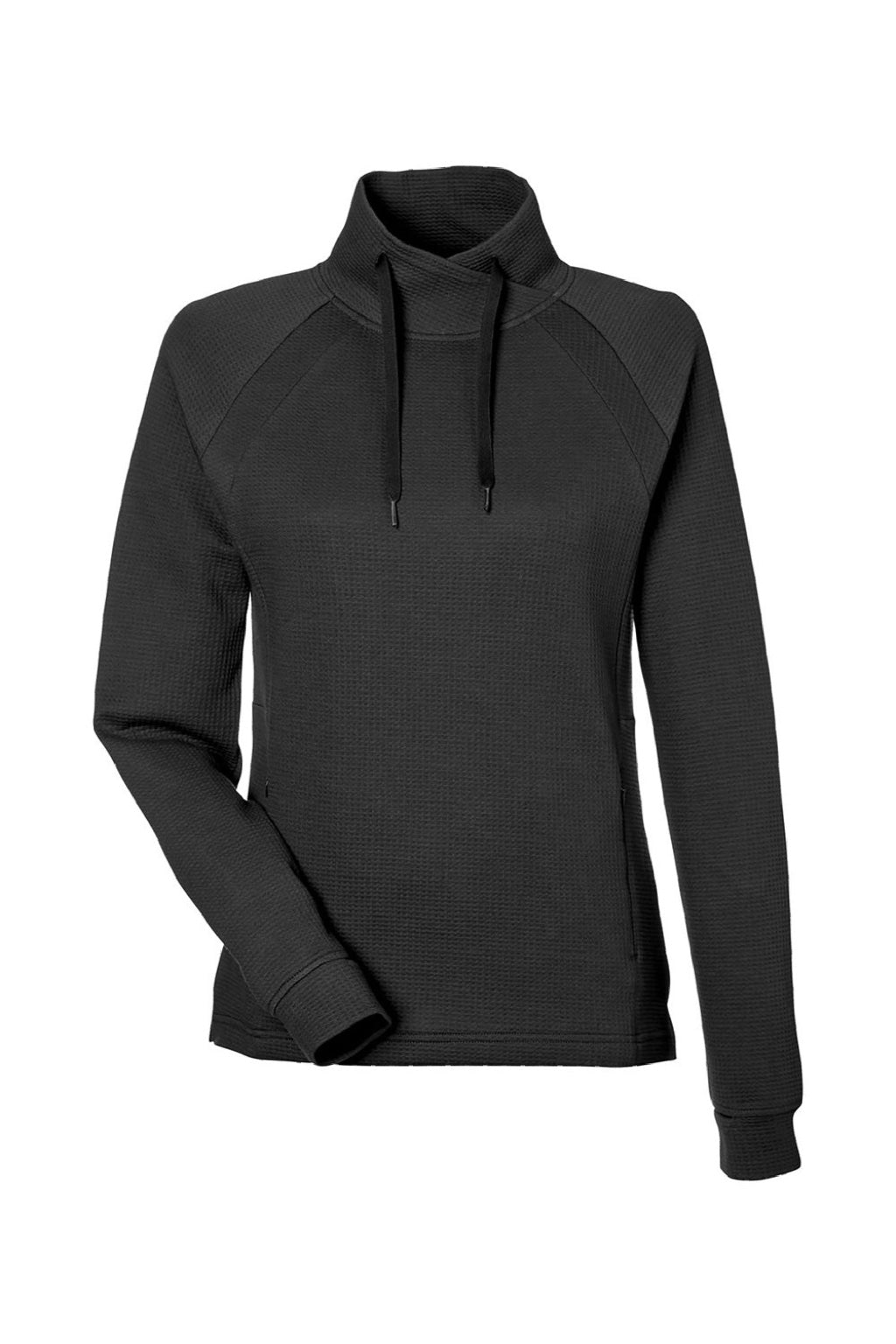 North End NE200W Womens Rhythm Waffle Sweatshirt w/ Pouch Pocket Black Flat Front
