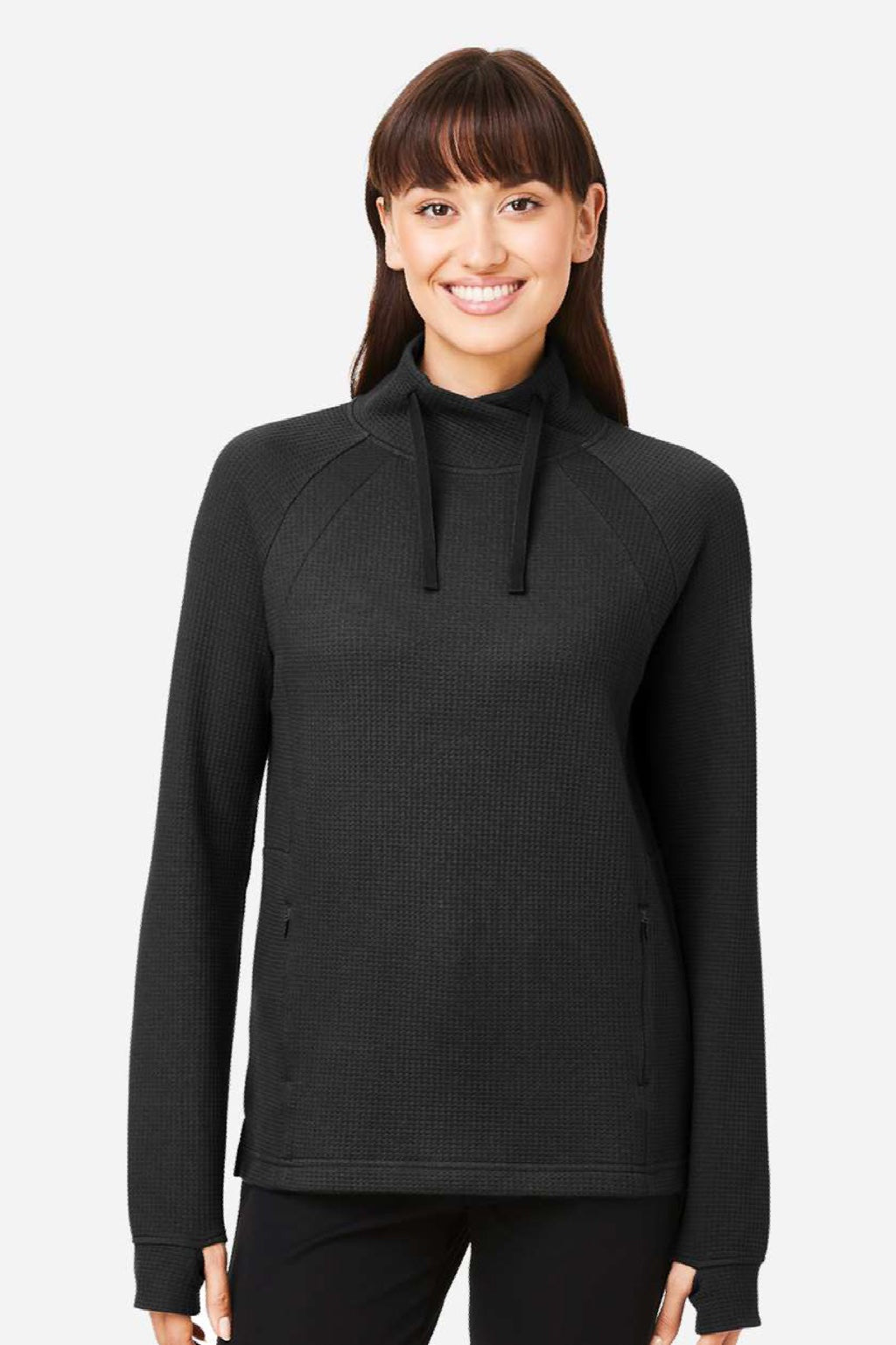North End NE200W Womens Rhythm Waffle Sweatshirt w/ Pouch Pocket Black Model Front