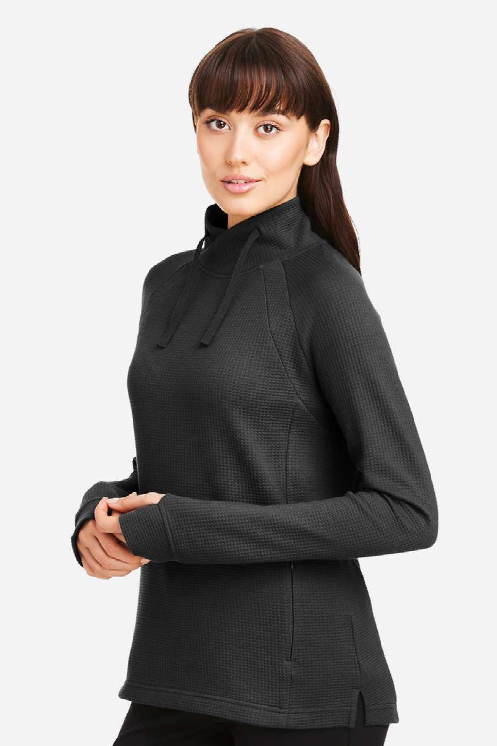 North End NE200W Womens Rhythm Waffle Sweatshirt w/ Pouch Pocket Black Model Side
